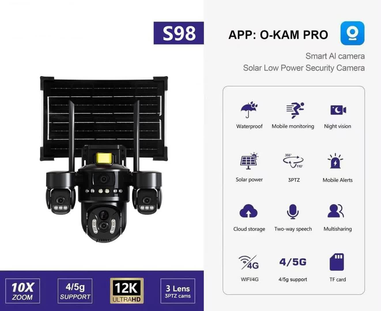 دوربین خورشیدی سیمکارتی مدل s98چرخشی  اپلیکیشن اوکم_۳لنز موتورایز